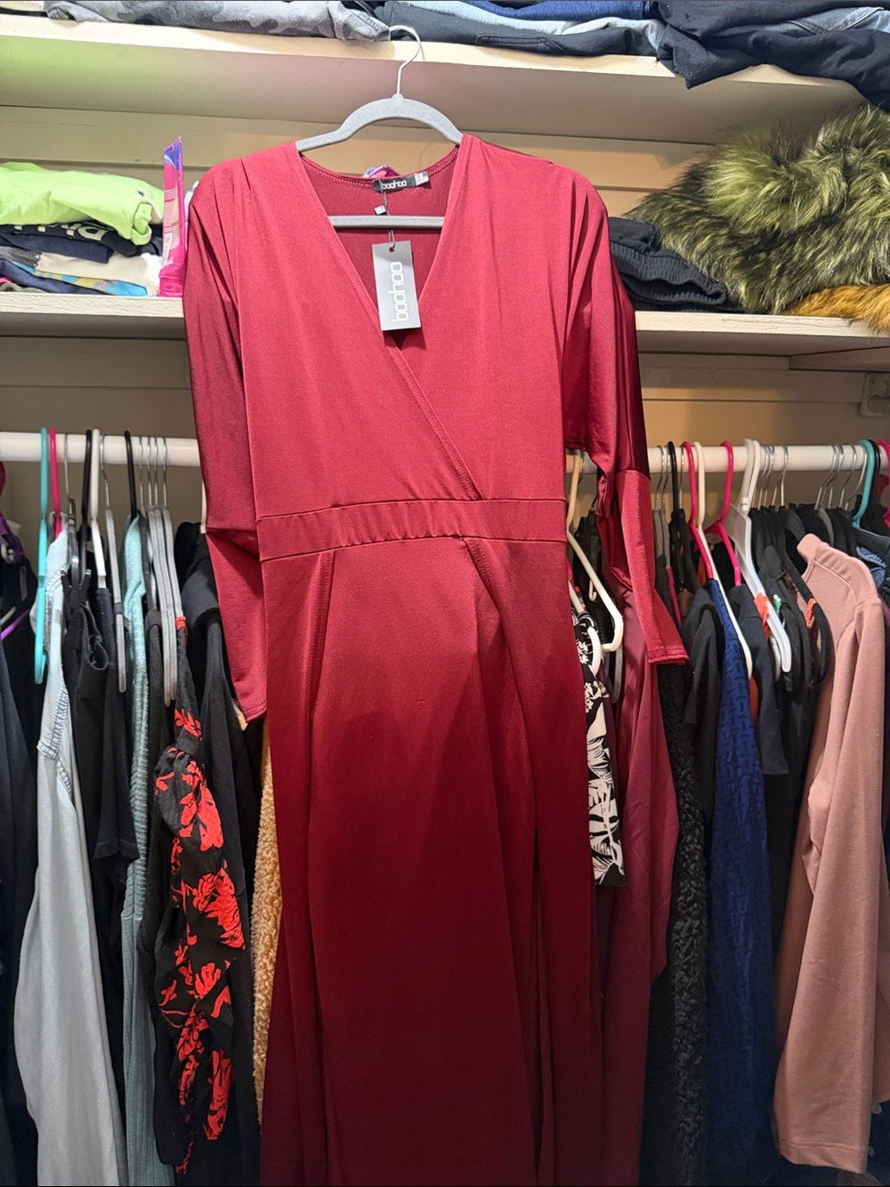 Boohoo Burgundy Long Sleeve Wrap Maxi Dress